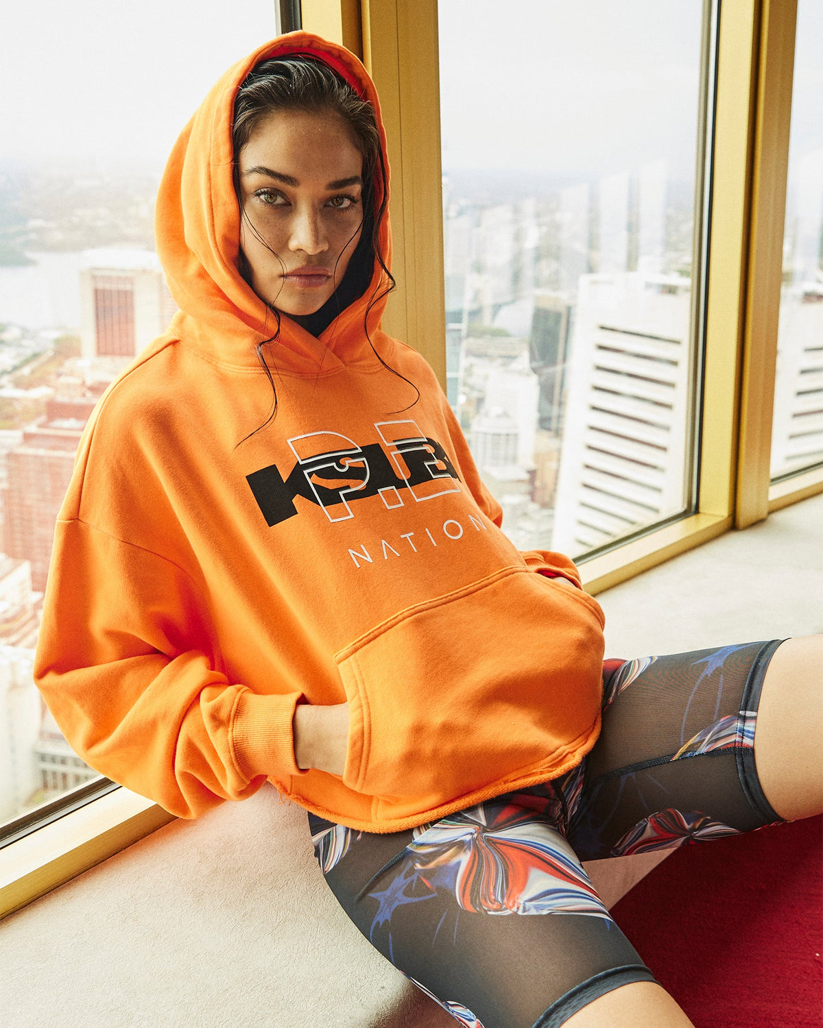 Womens Ksubi X P.e Nation Hoodie Shocking Orange Cropped Fleece - Orange