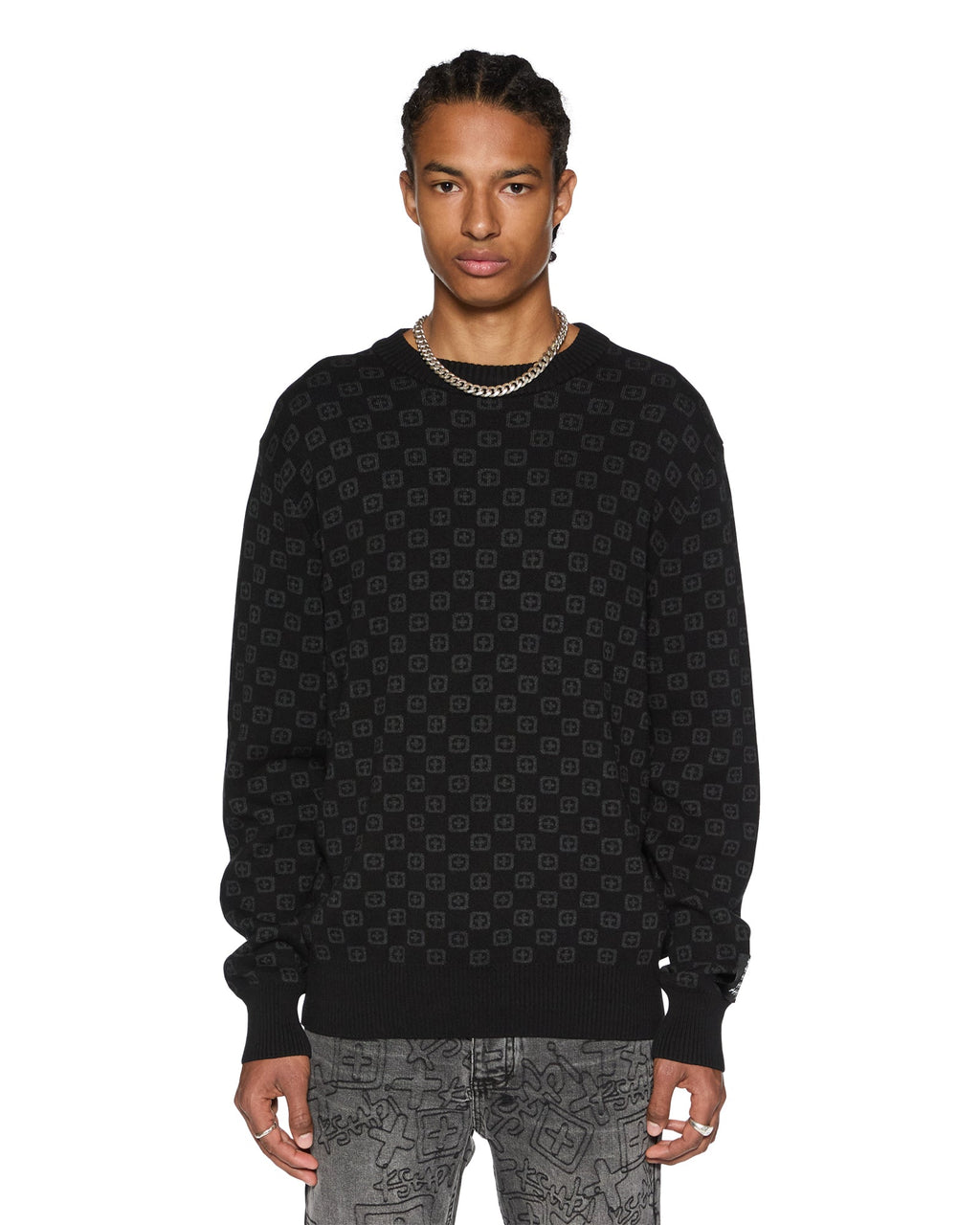 MENS BOX KNIT CREW WASHED BLACK KNITWEAR