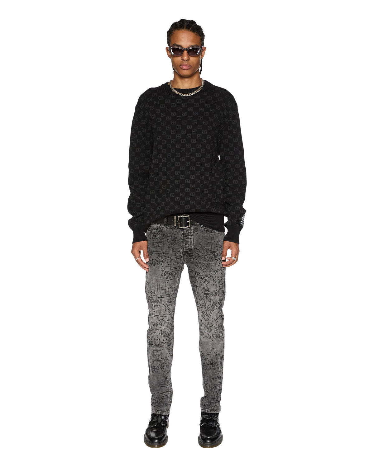 MENS BOX KNIT CREW WASHED BLACK KNITWEAR