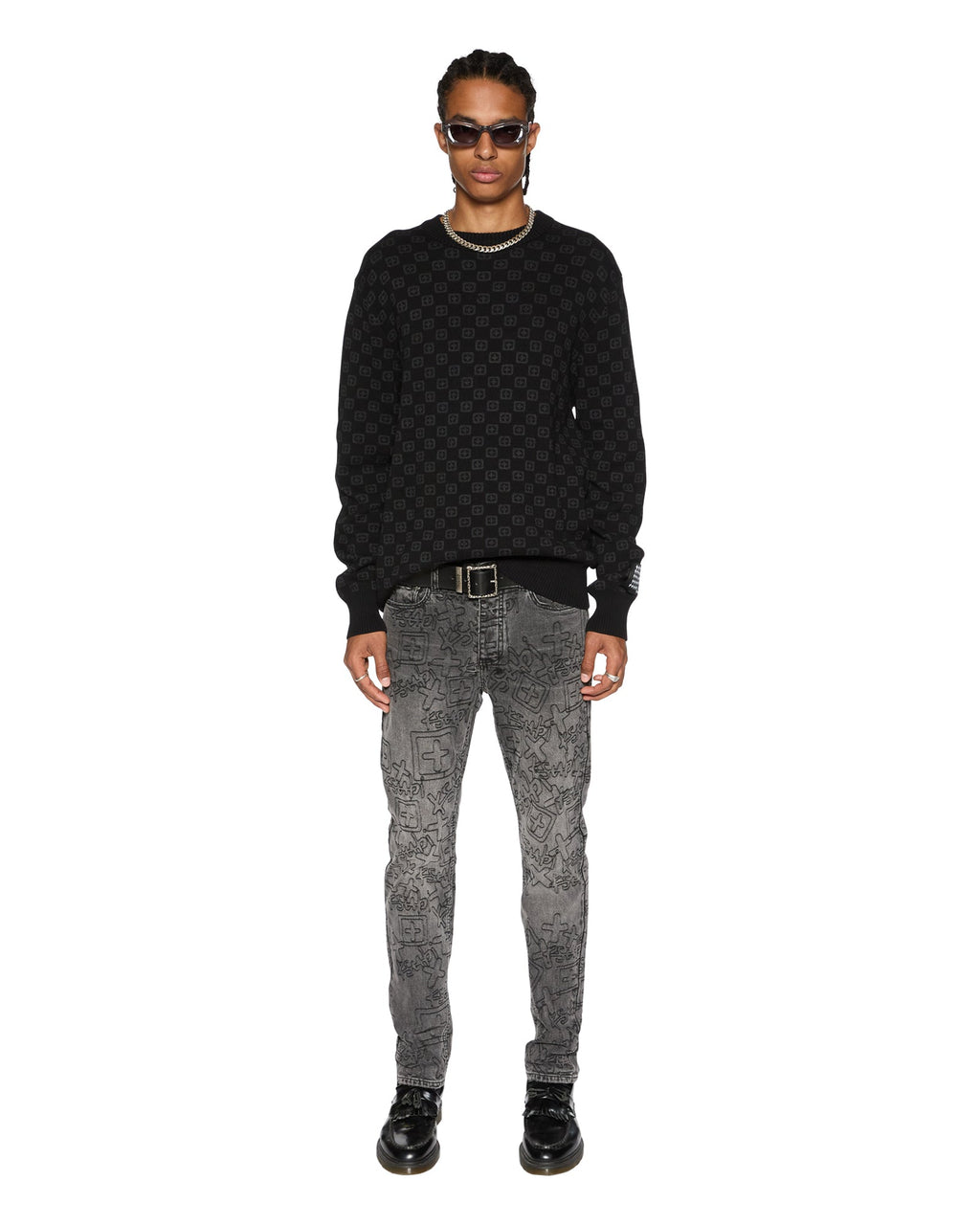 MENS CHITCH STENCIL STITCH WORN GREY DENIM JEANS