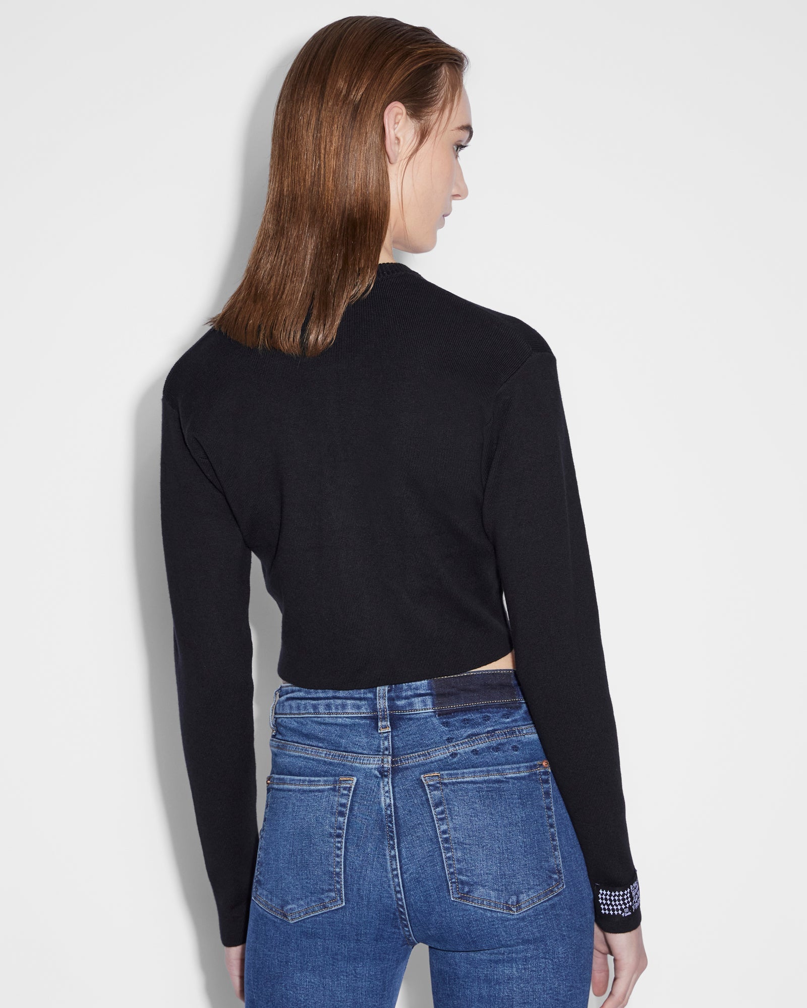 WOMENS  SHRUNKEN CARDI BLACK EMBLAZED FITTED KNITWEAR