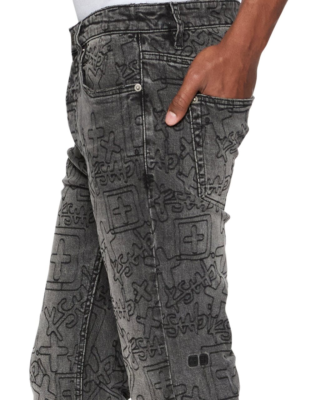 MENS CHITCH STENCIL STITCH WORN GREY DENIM JEANS