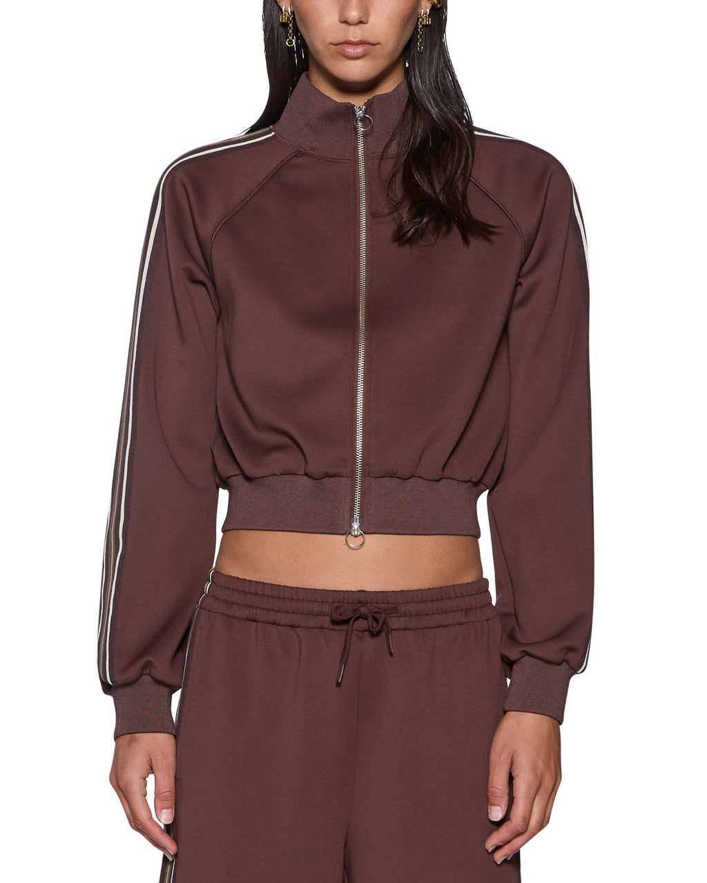 WOMENS CROPPED ZIP TRAK TOP MOCHA FASHION TOPS