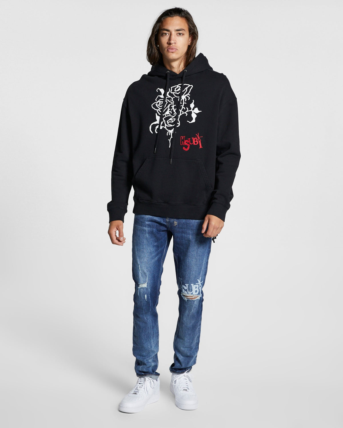 MENS ROSE BIGGIE HOODIE JET BLACK FLEECE