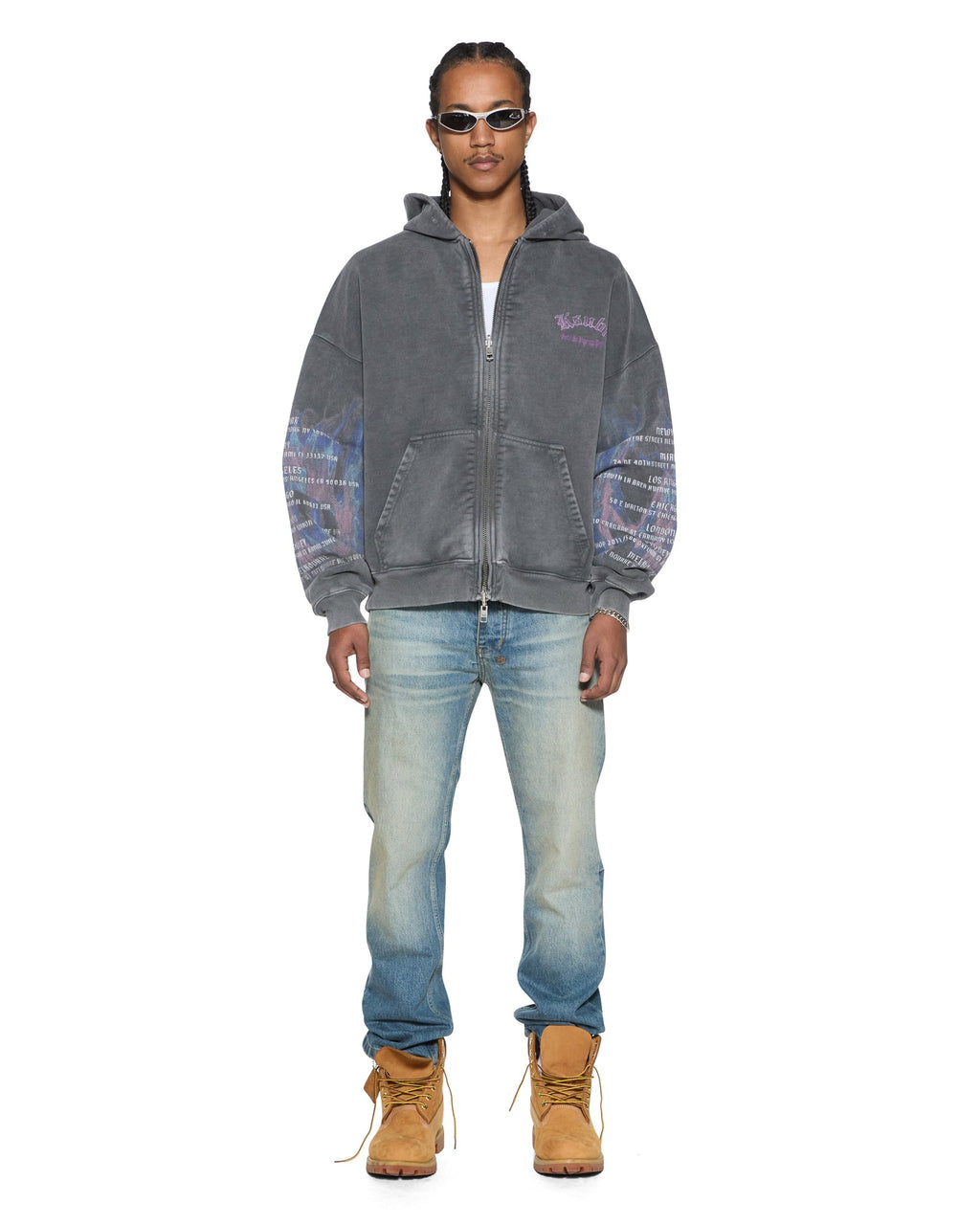 Mens Fallen Ekcess Zip Hoodie Faded Black Oversized Fleece - Grey