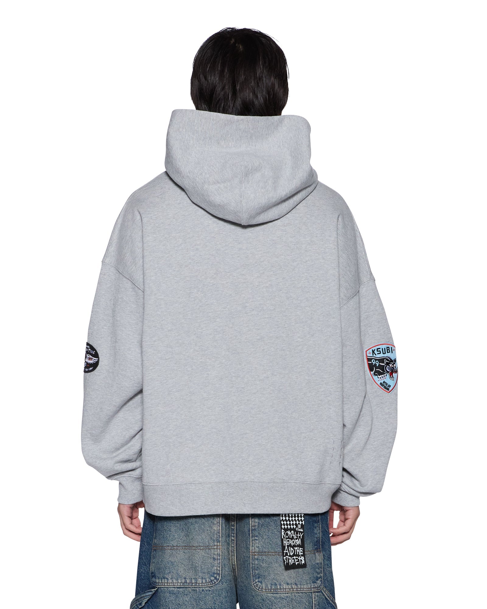 MENS  PATCHED EKCESS HOODIE GREY MARLE OVERSIZED FLEECE