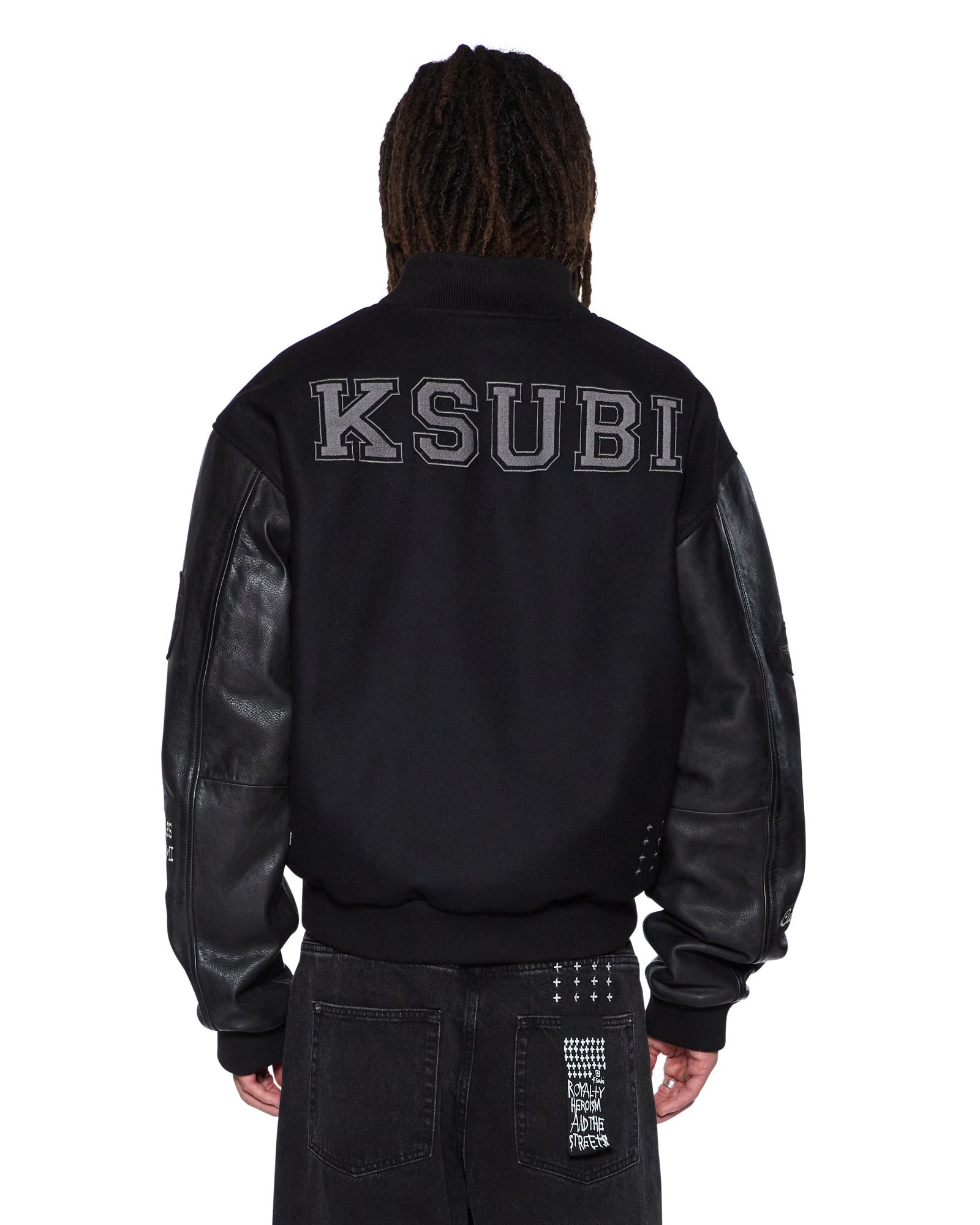 MENS  PATCHED VARSITY JACKET BLACK REGULAR JACKETS