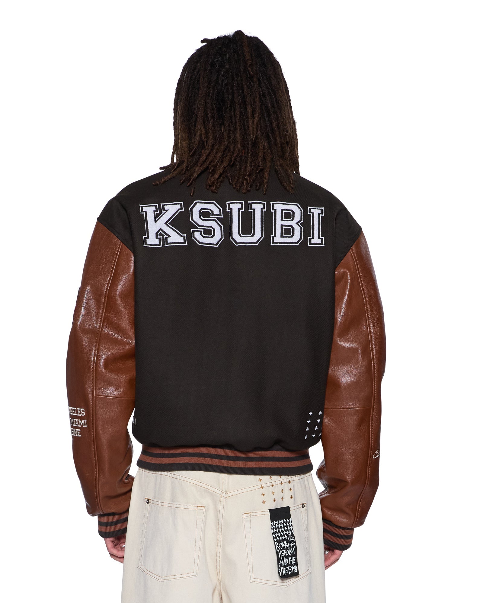 MENS PATCHED VARSITY JACKET CHOCOLATE REGULAR JACKETS