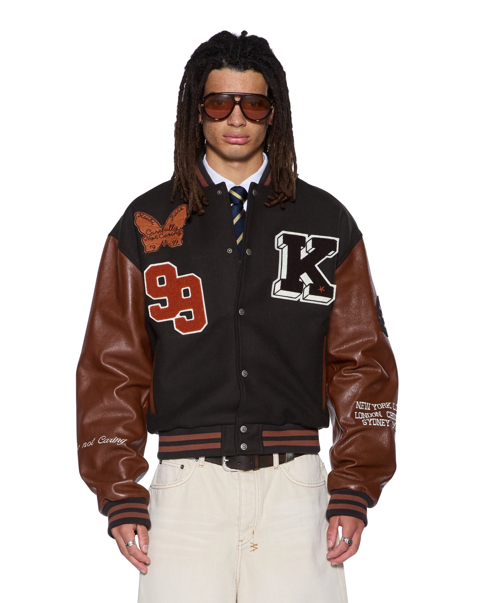 MENS PATCHED VARSITY JACKET CHOCOLATE REGULAR JACKETS