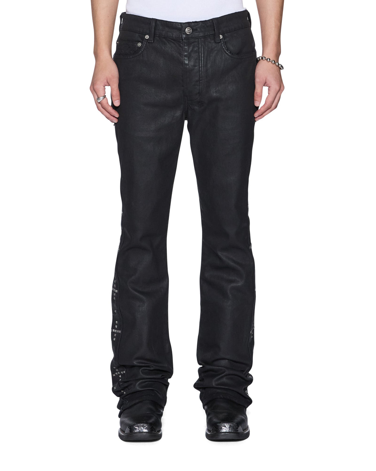 Mens Bronko Backstage Black Studded Bootcut Denim Jeans - Grey