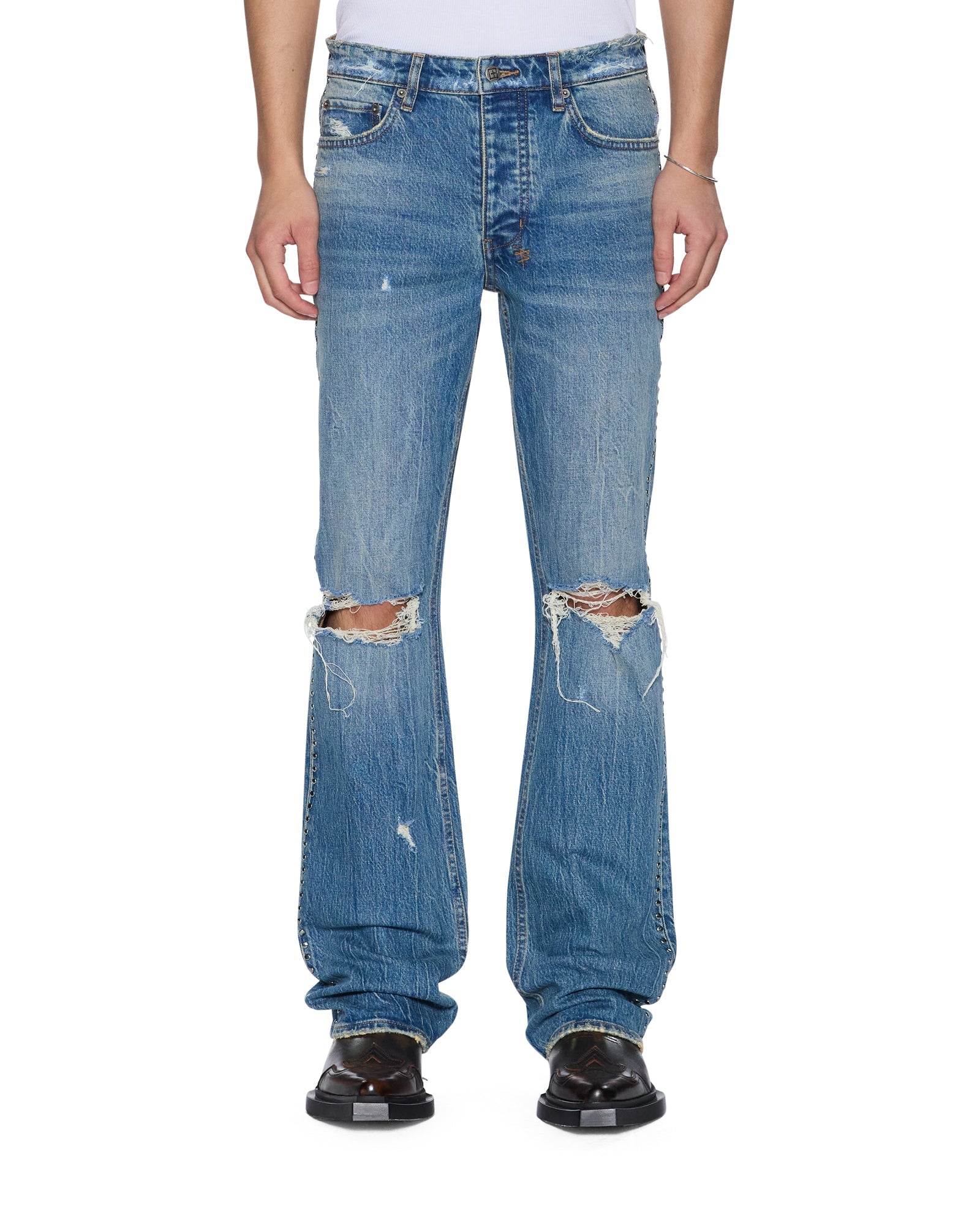 MENS BRONKO TEXAS BLUE STUDDED BOOTCUT DENIM JEANS