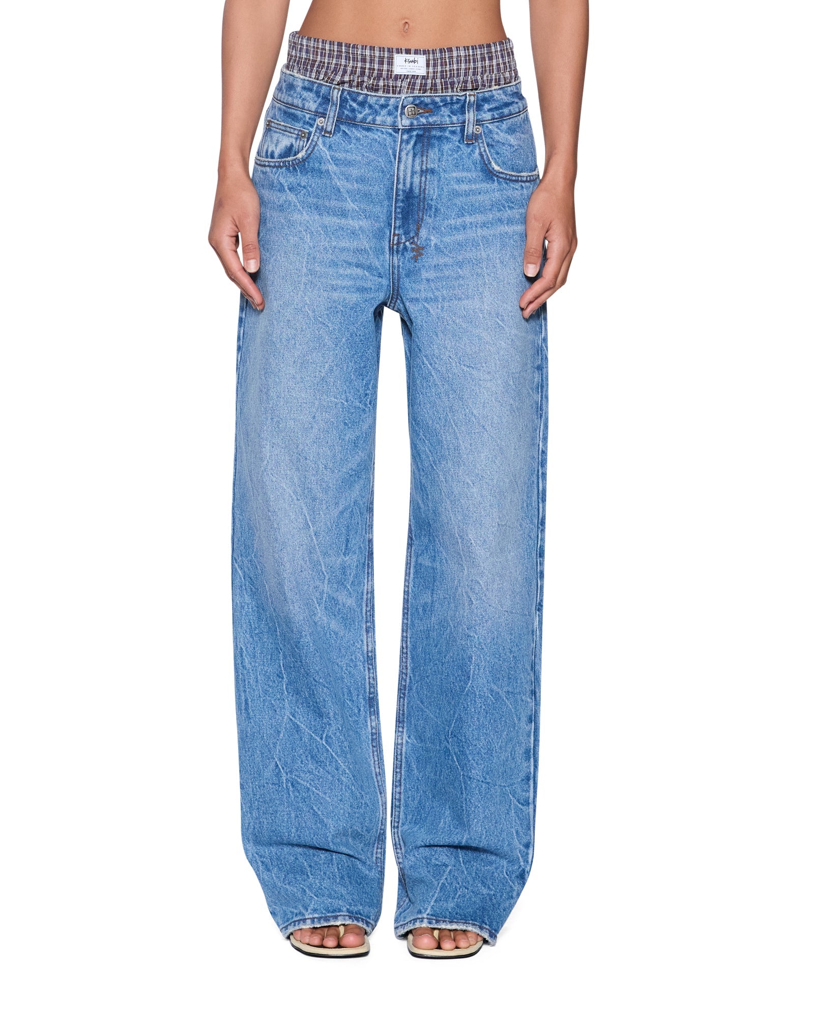 WOMENS LOW RIDER JEAN LIBERTY BLUE PLAID RELAXED DENIM JEANS