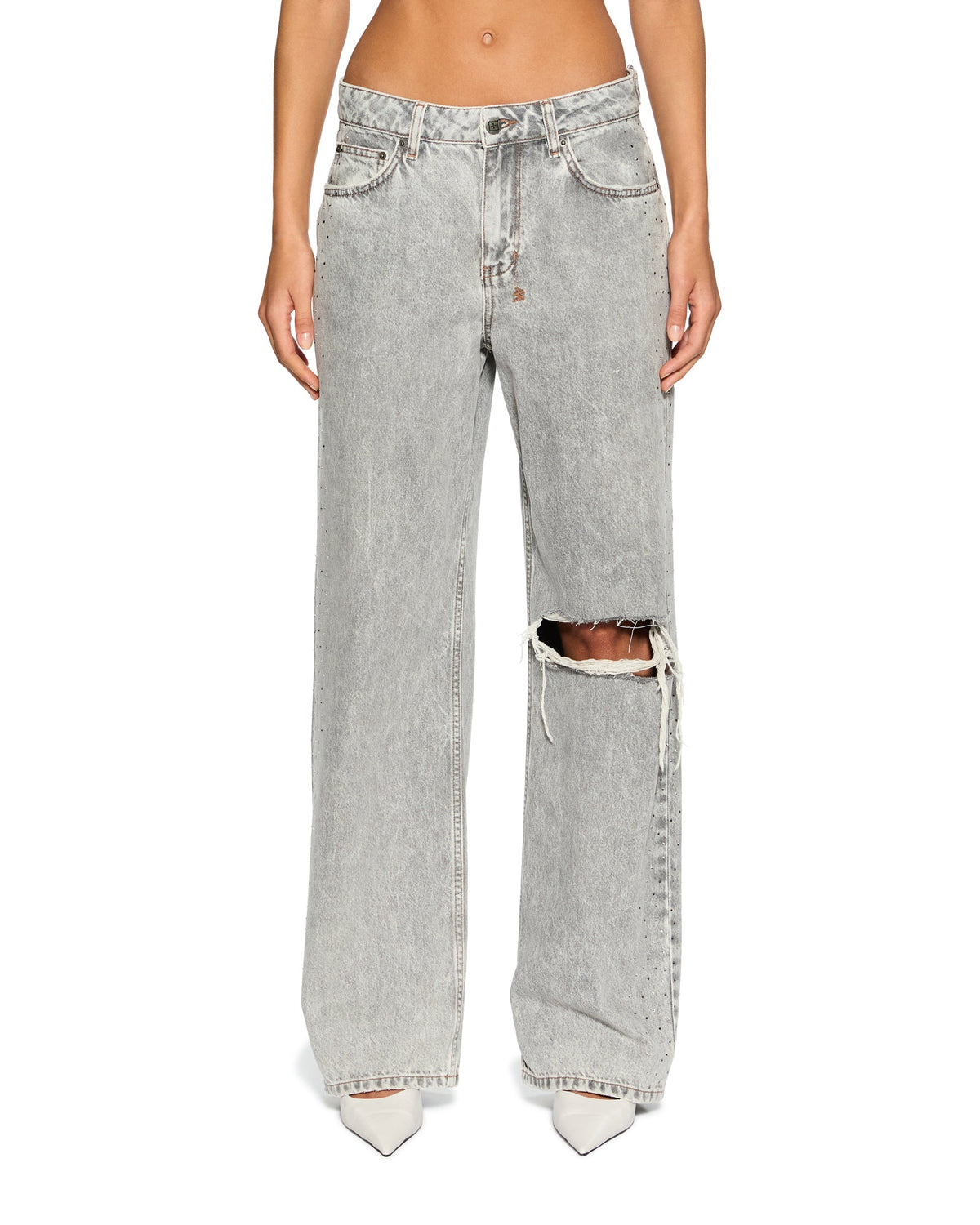 WOMENS LOW RIDER DIME KRYSTAL TRASHED DENIM JEANS