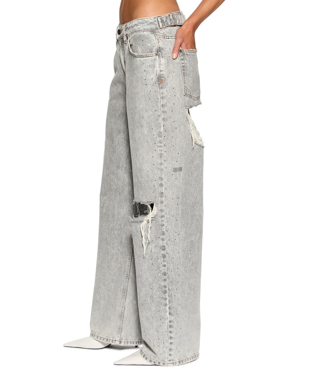 WOMENS LOW RIDER DIME KRYSTAL TRASHED DENIM JEANS