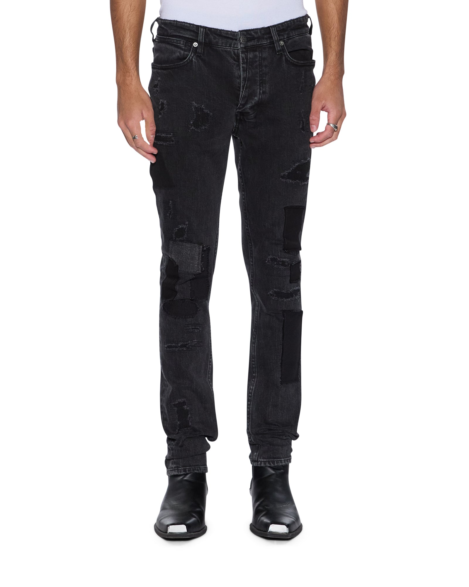 MENS VAN WINKLE LED BLACK ROCKSTAR REPAIR SKINNY DENIM JEANS