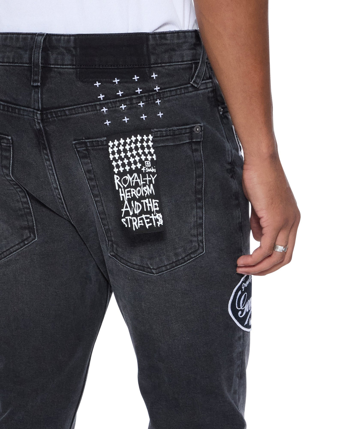 MENS VAN WINKLE ROADHOUSE BLACK PATCHED DENIM JEANS