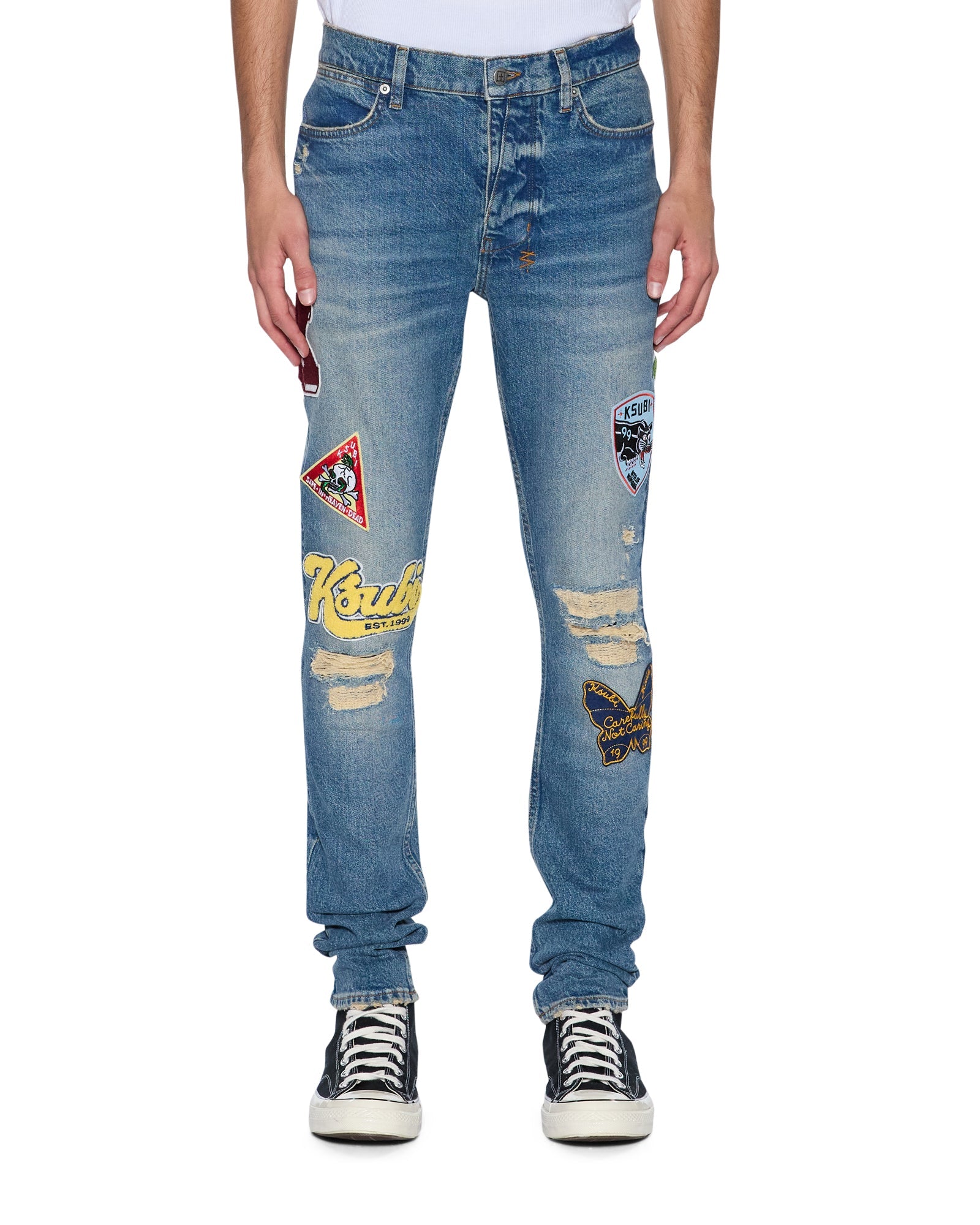 MENS VAN WINKLE RODEO PATCHED SKINNY DENIM JEANS