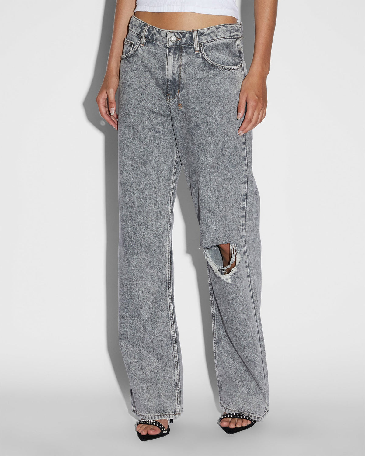 Womens Low Rider Dime Sliced Baggy Denim Jeans - Grey