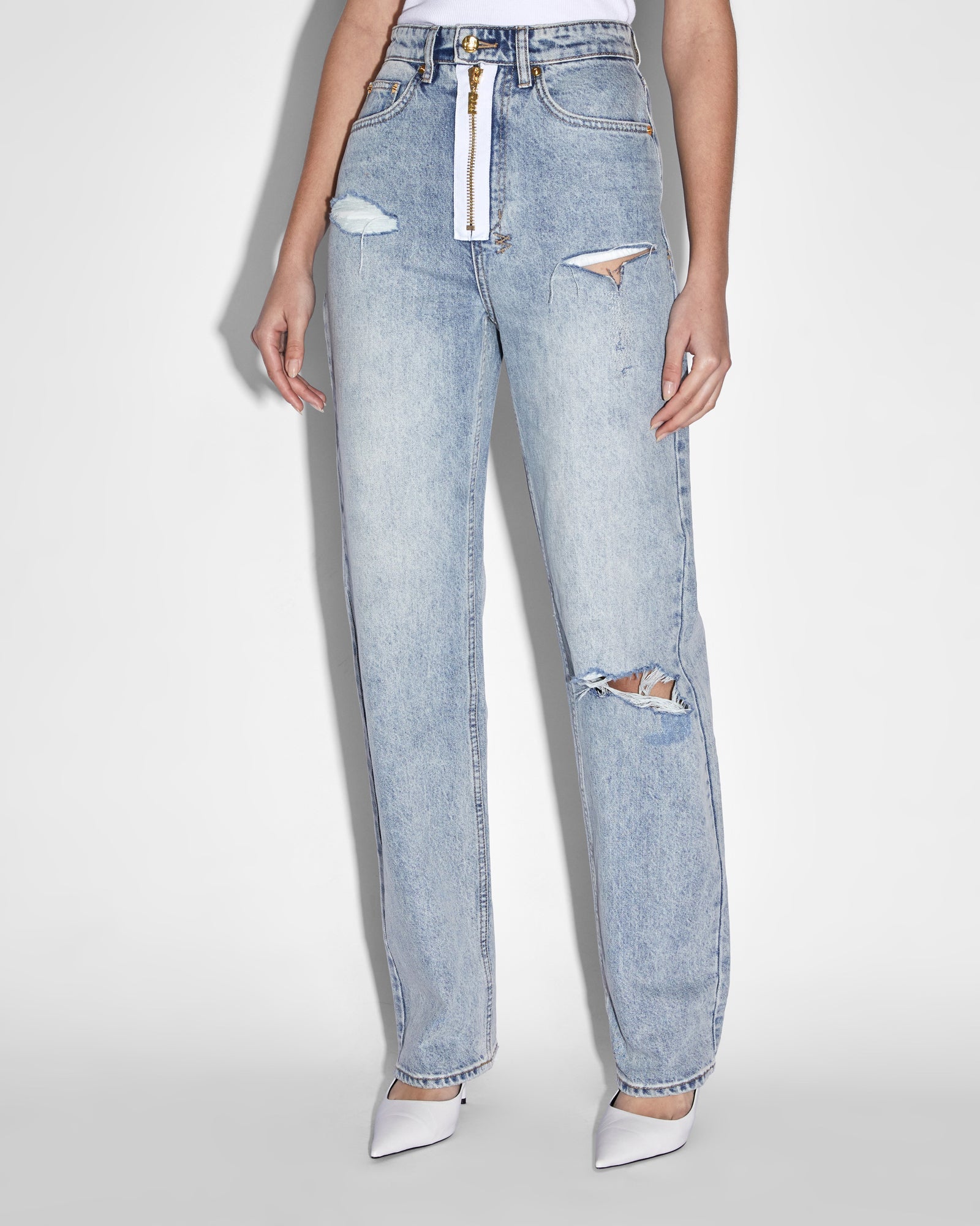 WOMENS KSUBI X P.E NATION PLAYBACK ZIPPED N RIPPED STRAIGHT DENIM JEANS