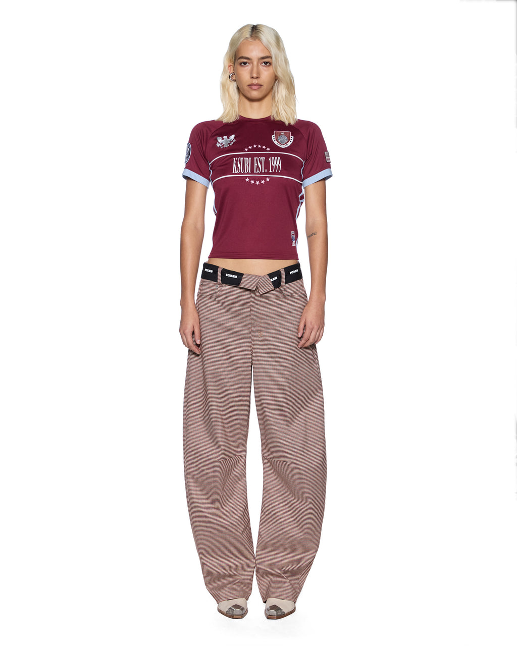Womens Barrel Trouser Flip Houndstooth Barrel Leg Pants - Brown
