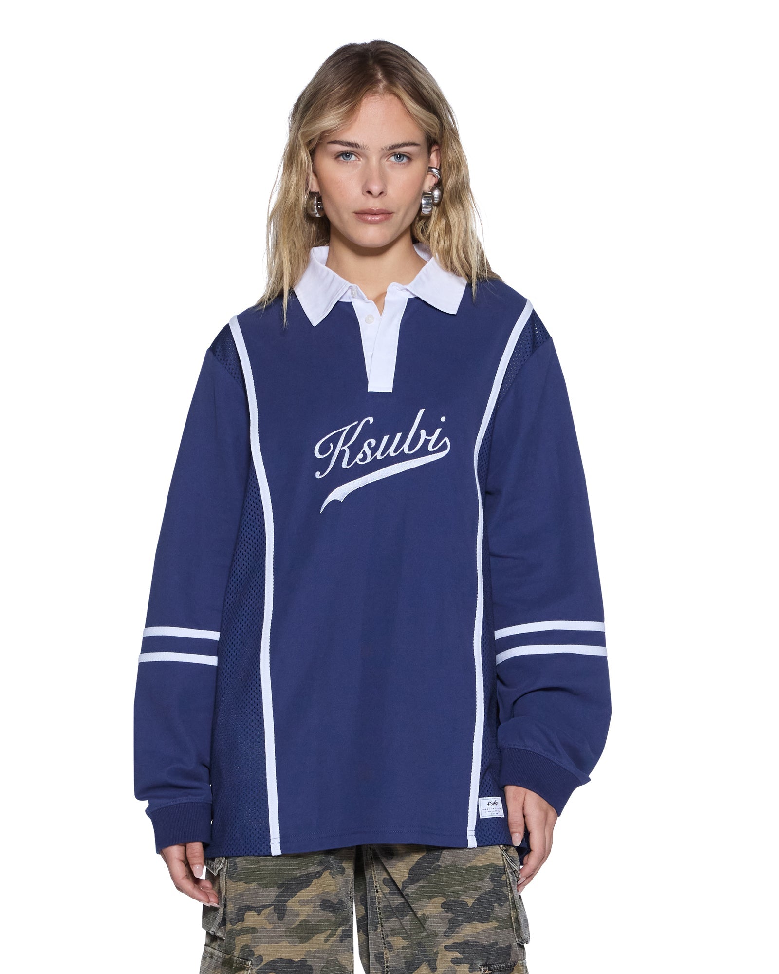 WOMENS PLAYOFF LS POLO JERSEY NAVY RELAXED FASHION TOPS