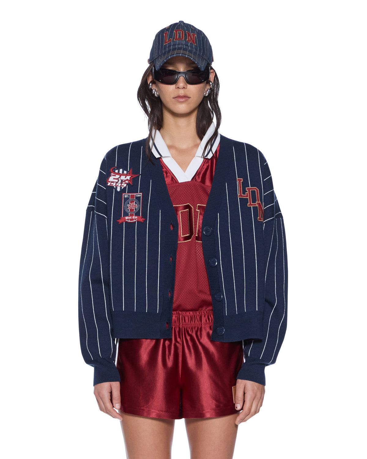 WOMENS DEAN CARDIGAN NAVY PINSTRIPE KNITWEAR