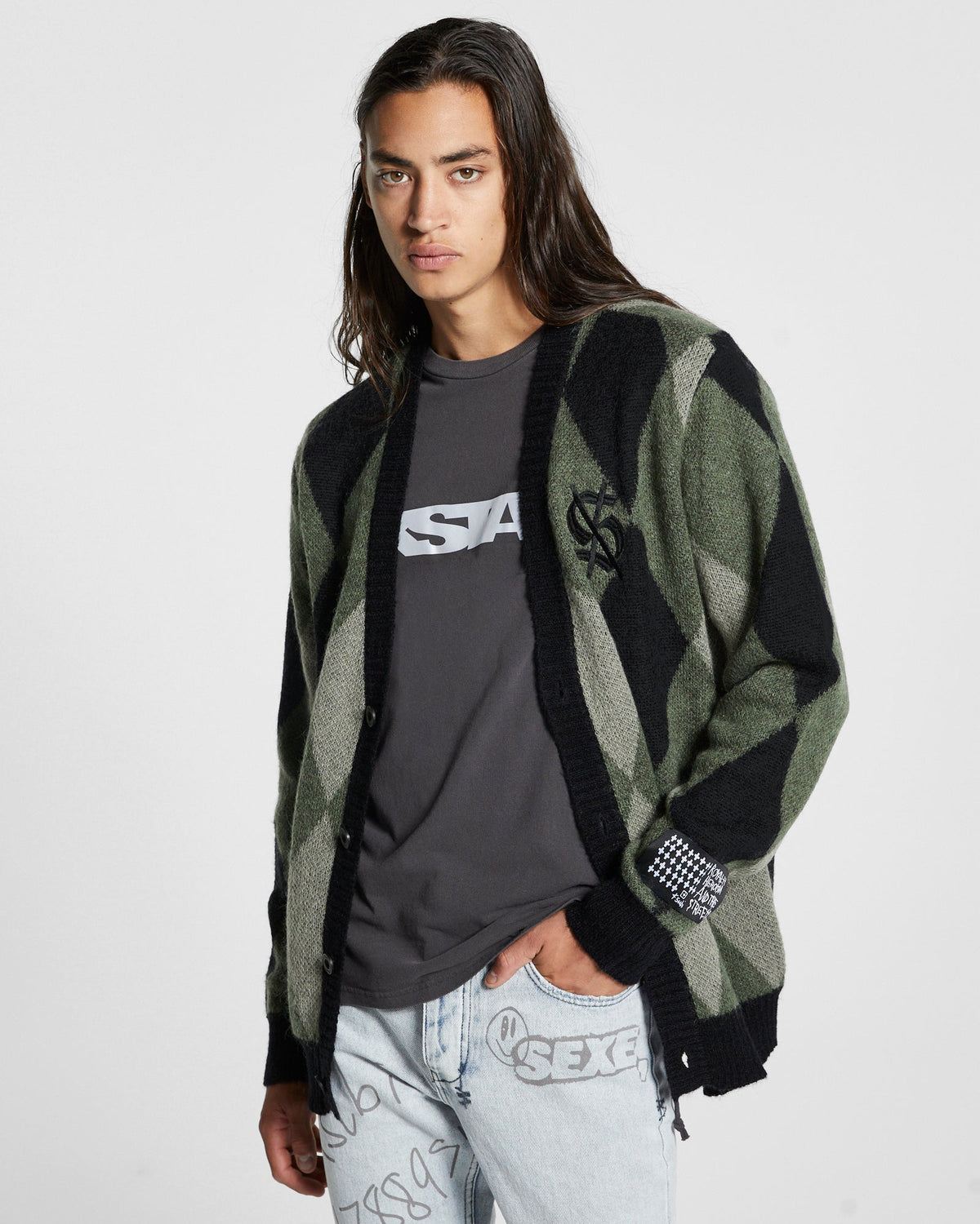 Mens Old Dollar Cardigan Green Relaxed Knitwear - Green