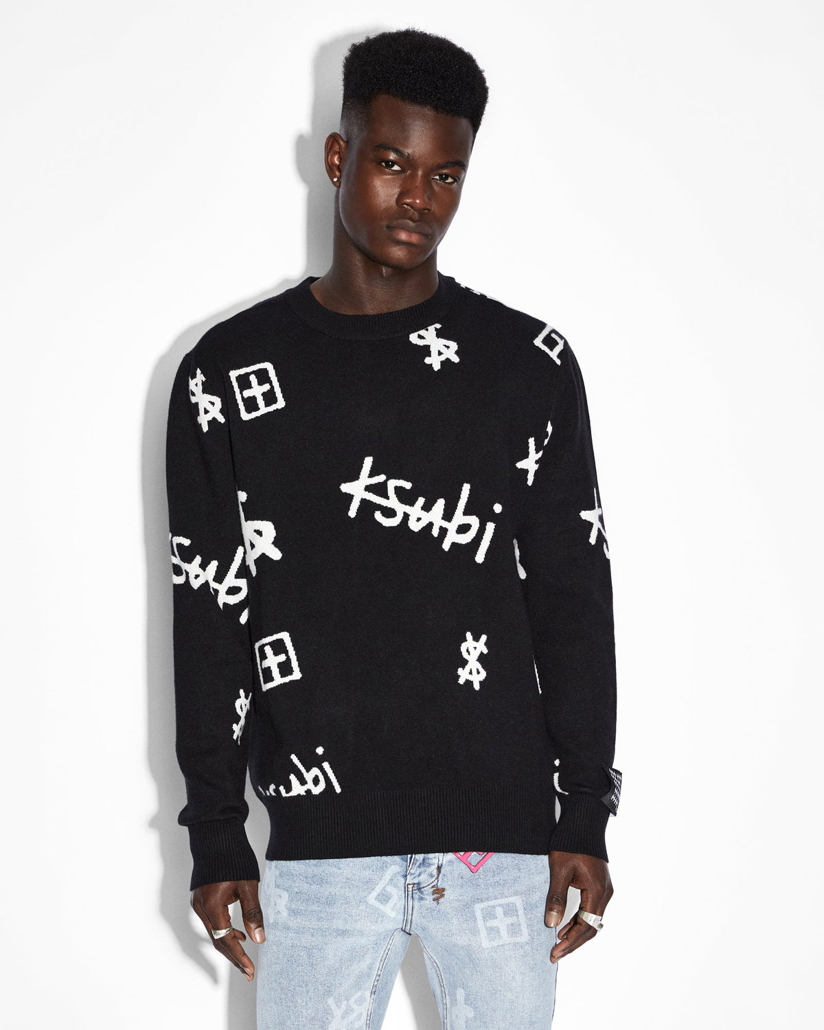Mens Kash Box Knit Crew Black Regular Knitwear - Black
