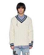 MENS PRINCETON CABLE KNIT V NECK VINTAGE WHITE KNITWEAR