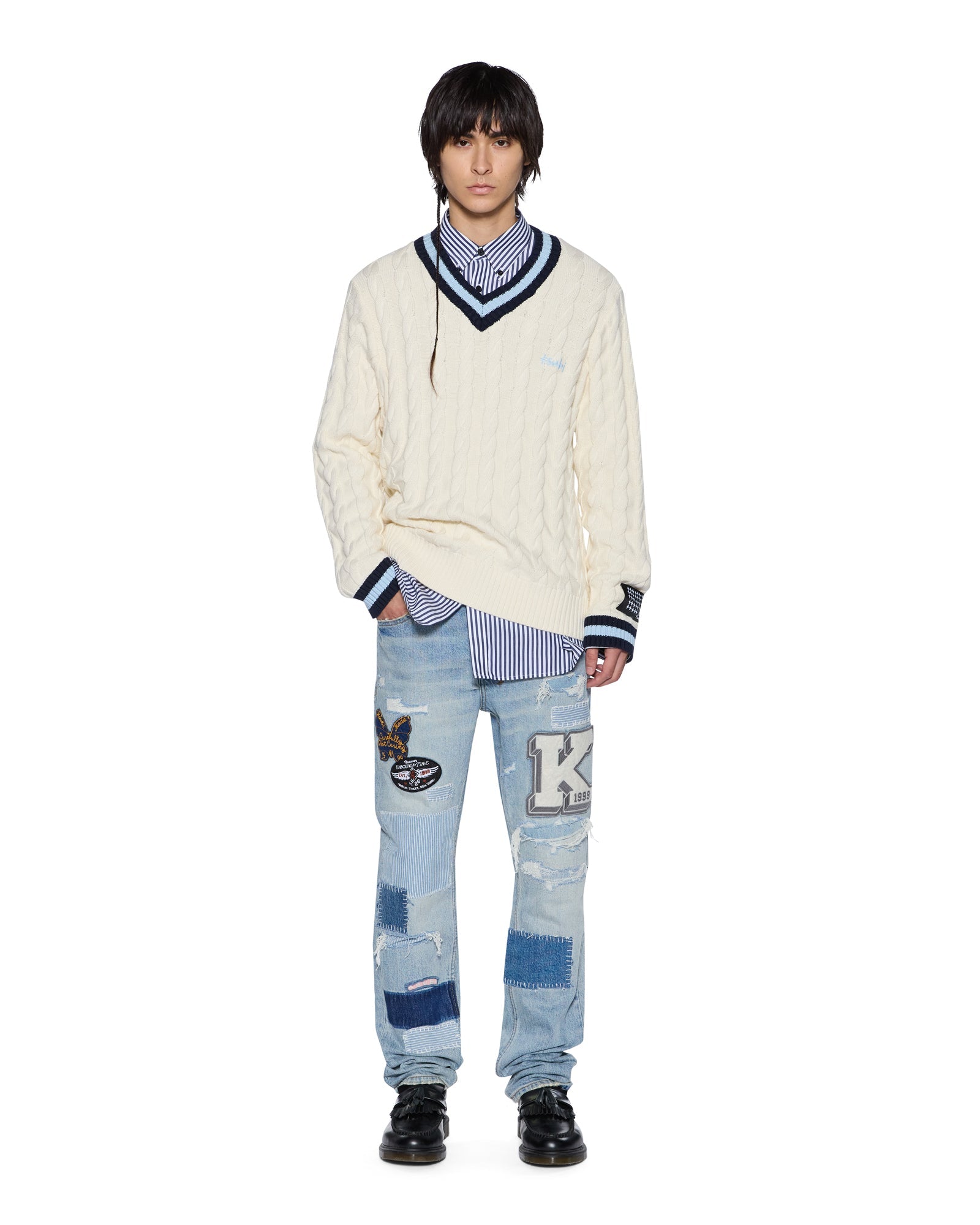 MENS PRINCETON CABLE KNIT V NECK VINTAGE WHITE BOXY KNITWEAR