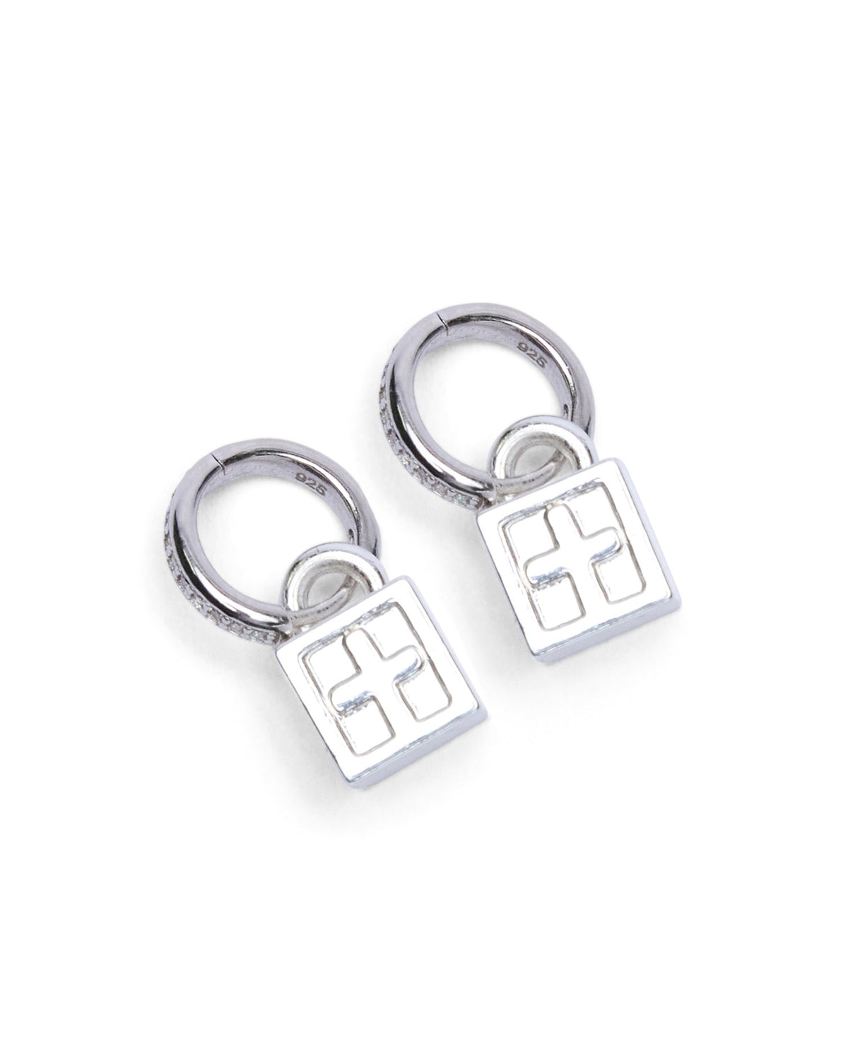 KRYSTAL BOX CROSS HUGGIE EARINGS SILVER