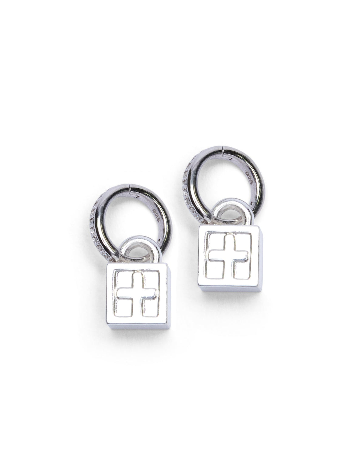 KRYSTAL BOX CROSS HUGGIE EARINGS SILVER