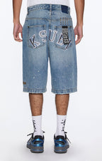 Mens Maxx Short 70's Blue Trashed Relaxed Walkshorts - Denim