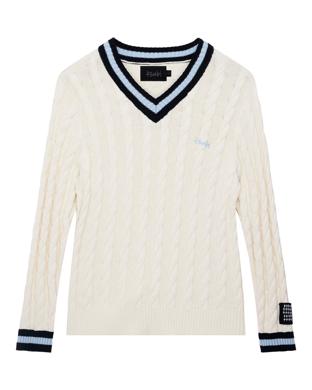 MENS PRINCETON CABLE KNIT V NECK VINTAGE WHITE KNITWEAR