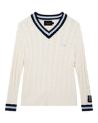 MENS PRINCETON CABLE KNIT V NECK VINTAGE WHITE KNITWEAR