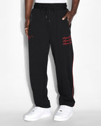 Mens Scripted Synthesis Pant Black/red Relaxed Tapered Pants - Black