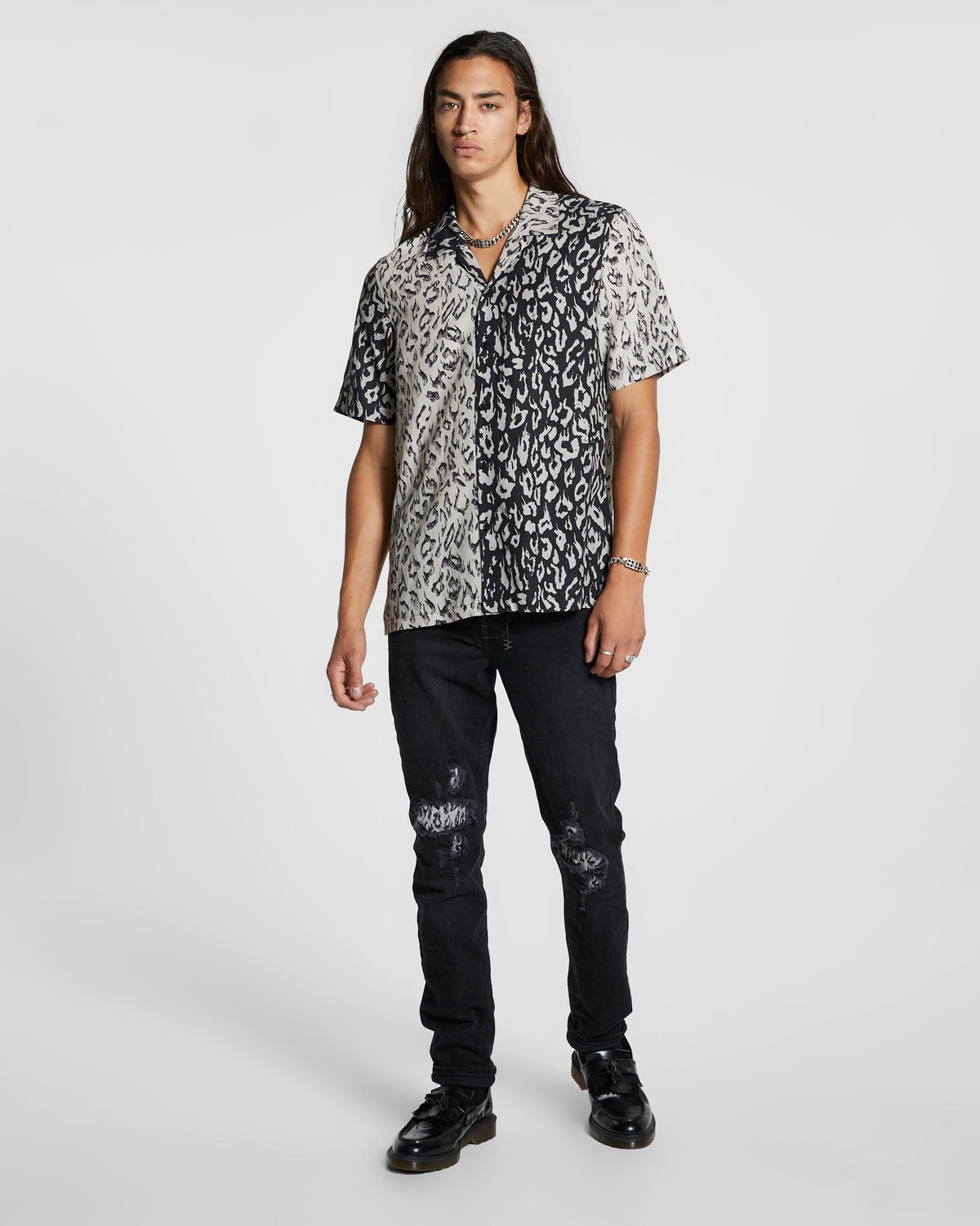 Mens Fire Resort Ss Shirt 2 Tone Bl Regular Shirts - Black
