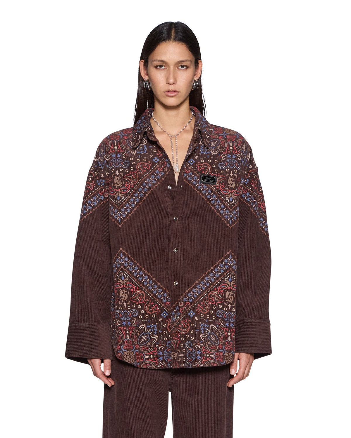 Womens Astra Shirt Folk Bandana Oversized Shirts - Brown