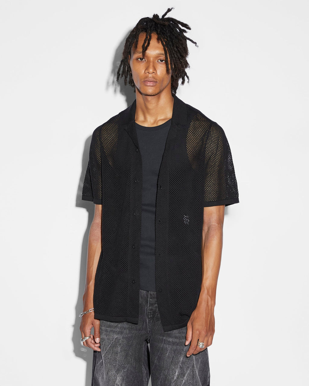 MENS NET WORTH KNIT RESORT SS SHIRT BLACK KNITWEAR