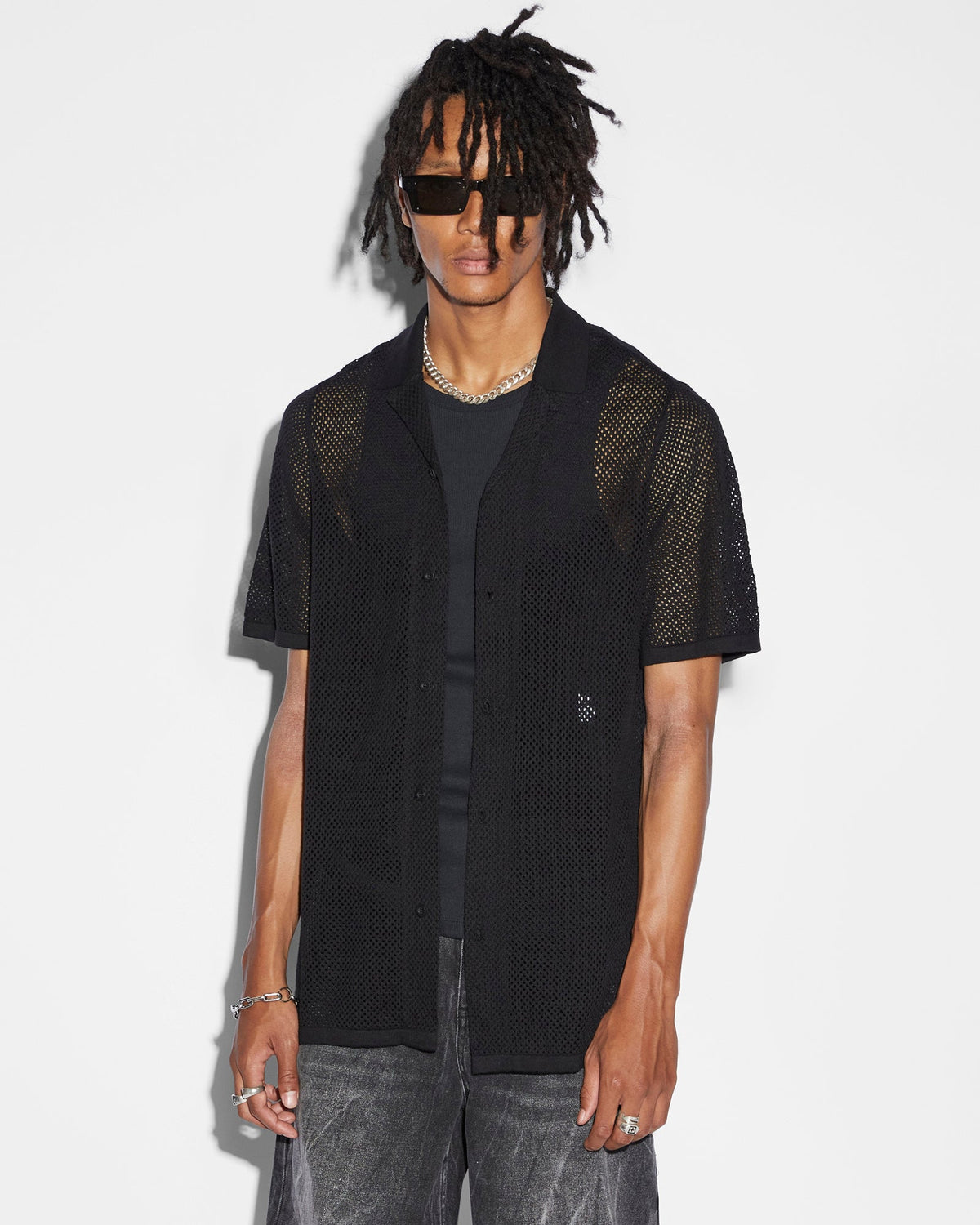 MENS NET WORTH KNIT RESORT SS SHIRT BLACK KNITWEAR