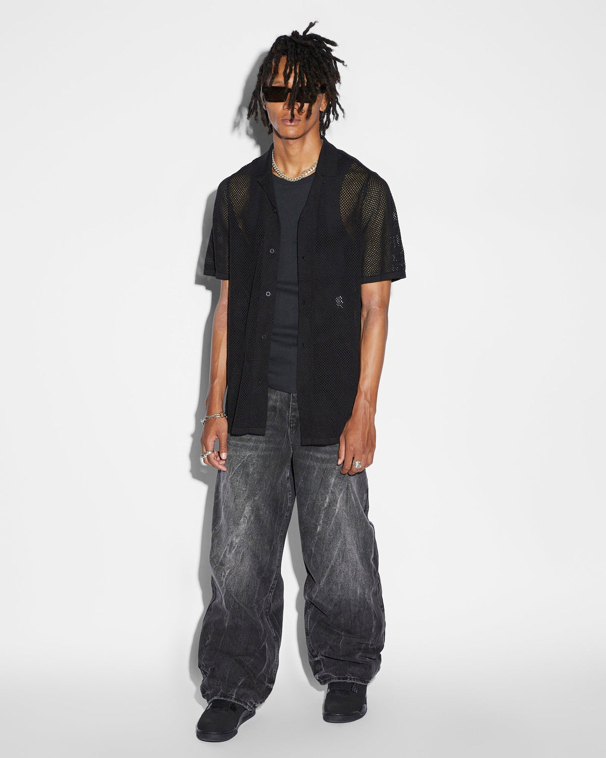 MENS NET WORTH KNIT RESORT SS SHIRT BLACK KNITWEAR