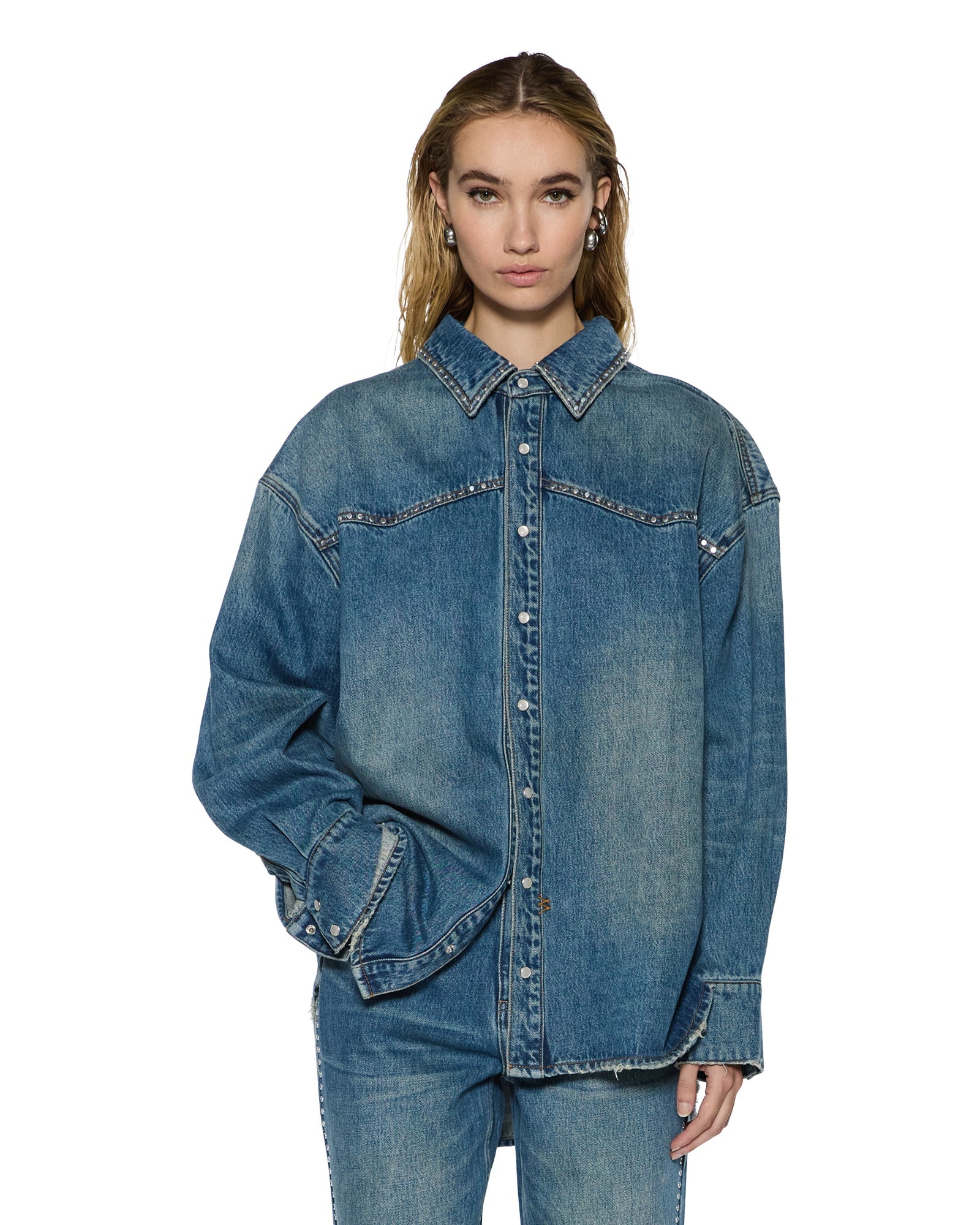 WOMENS  OVERSIZED LS SHIRT TEXAS BLUE STUDDED OVERSIZED SHIRTS