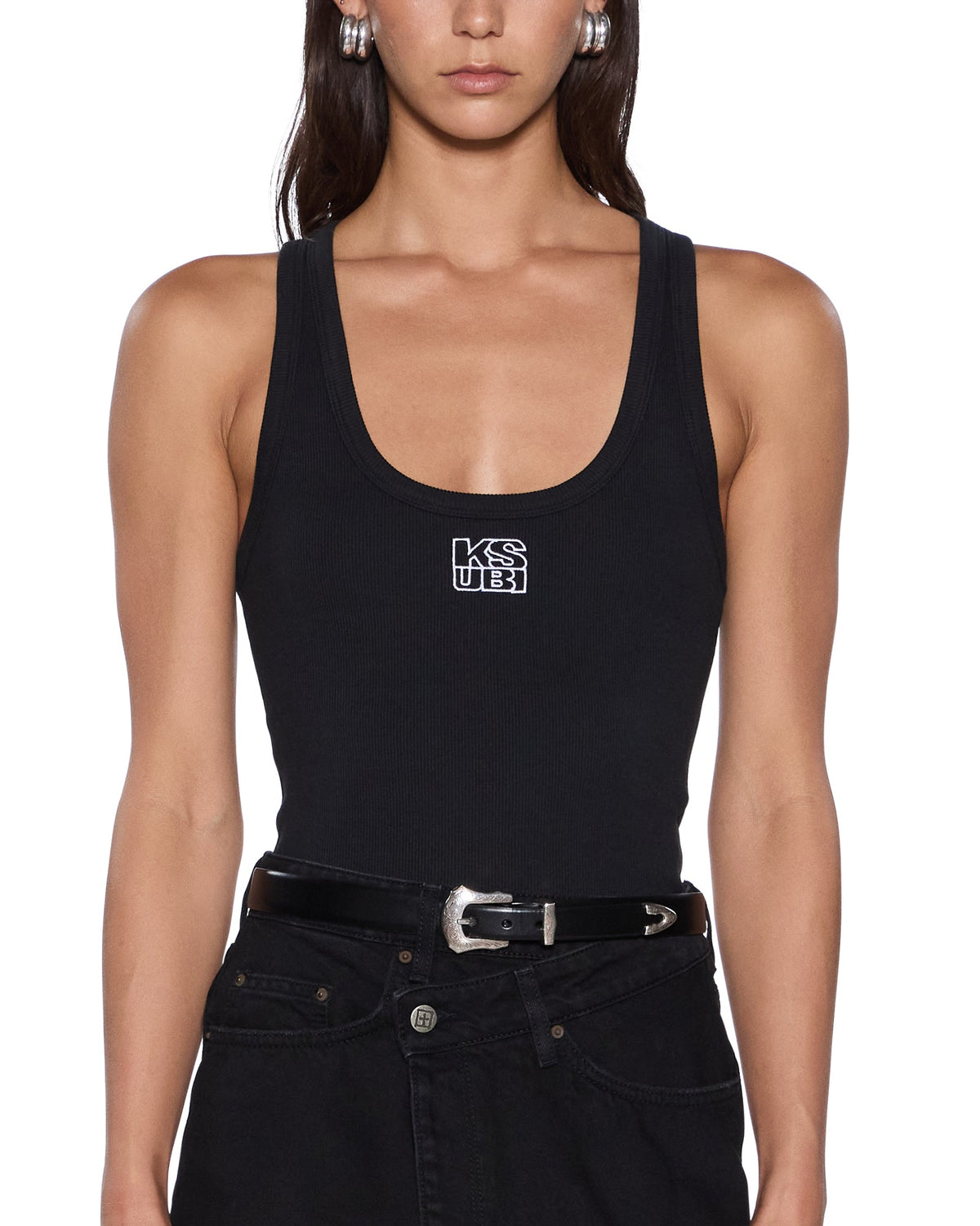 WOMENS STACKED ORIGIN TANK BLACK FASHION TOPS