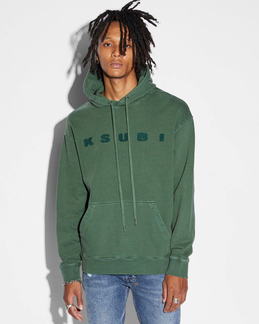 MENS BLOCKED BIGGIE HOODIE EMERALD FLEECE