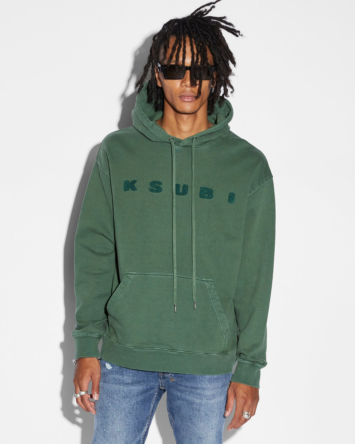MENS BLOCKED BIGGIE HOODIE EMERALD FLEECE