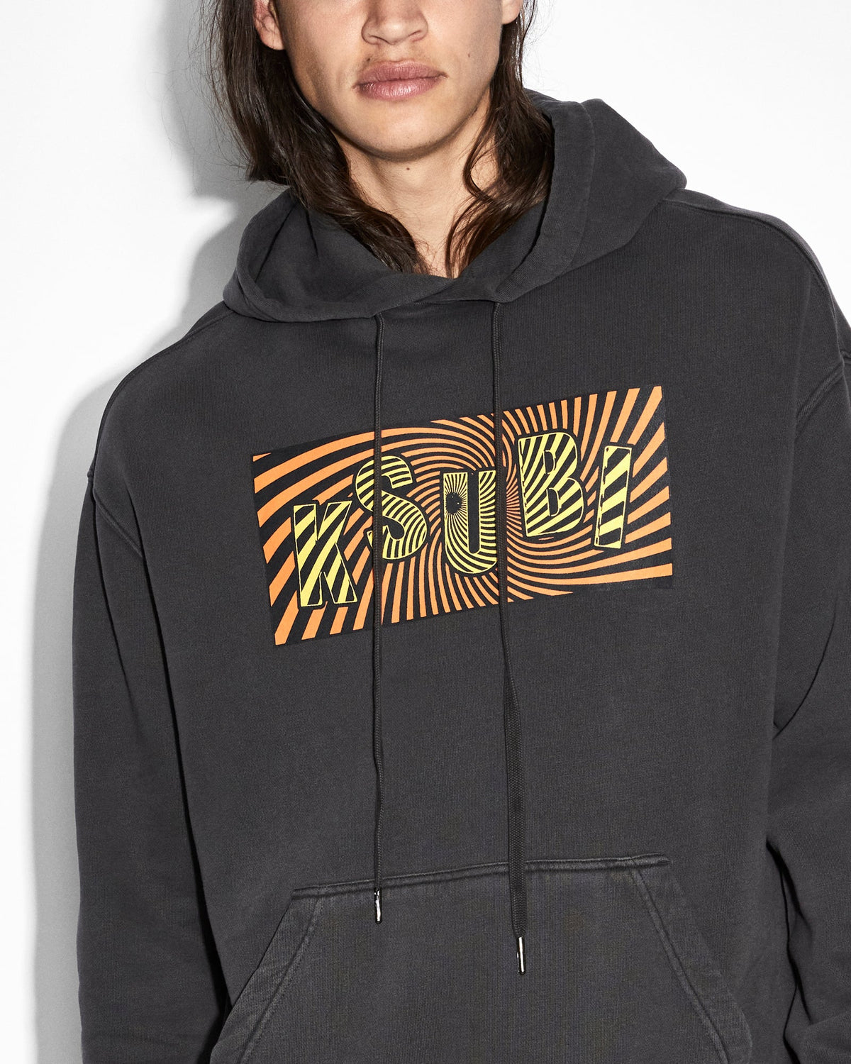Mens Spiral Biggie Hoodie Faded Black Oversized Fleece - Black