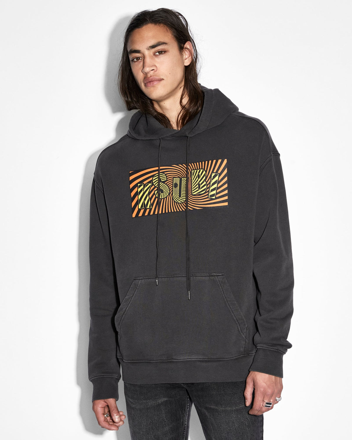 Mens Spiral Biggie Hoodie Faded Black Oversized Fleece - Black