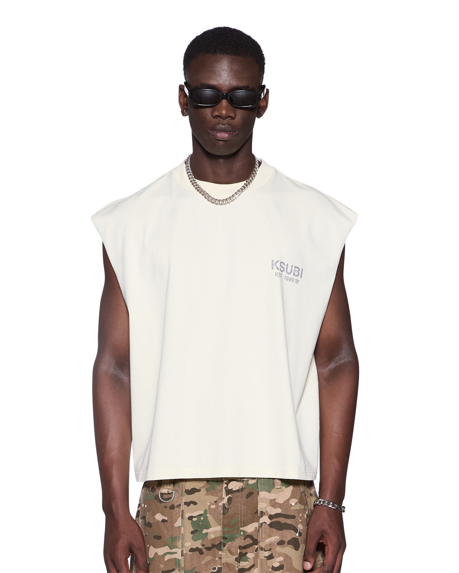 MENS STATE HALEN CUT OFF ECRU BAGGY TEES