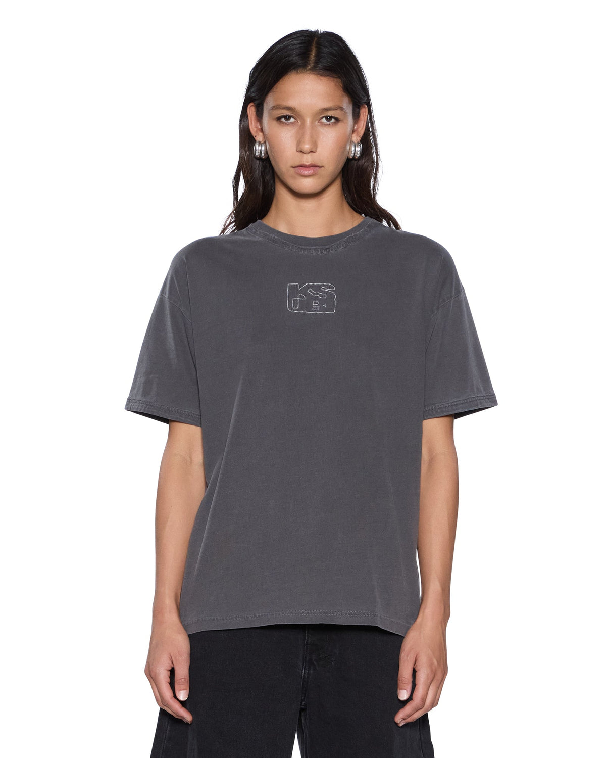 Womens Stacked Stitch Oh G Ss Tee Charcoal Oversized Tees - Grey