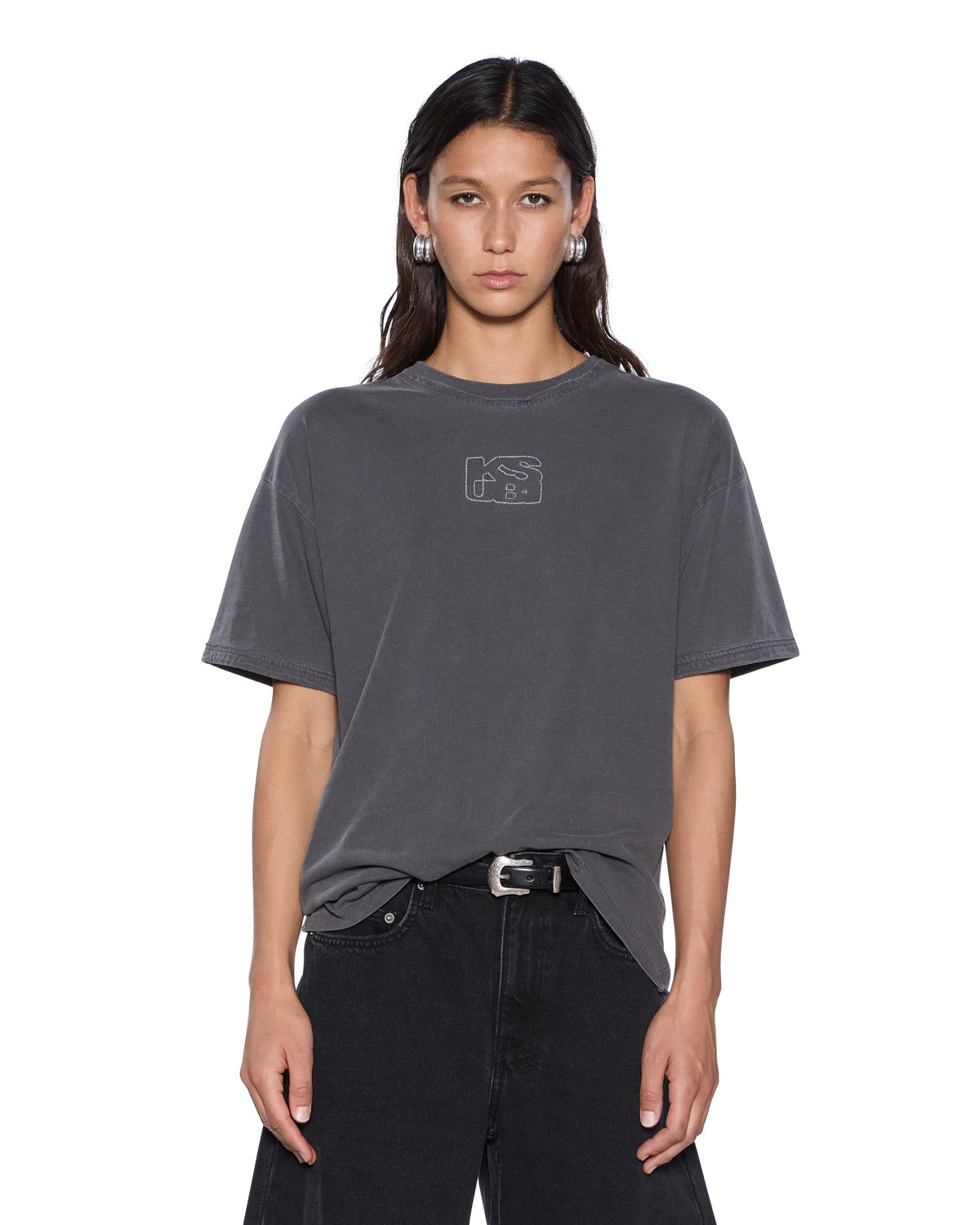 Womens Stacked Stitch Oh G Ss Tee Charcoal Oversized Tees - Grey